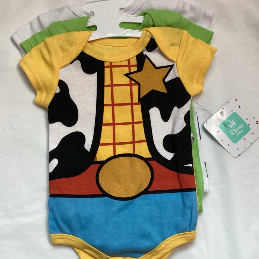 Disney Toy Story Woody Baby Bodysuit Set - Yellow, Green, Blue